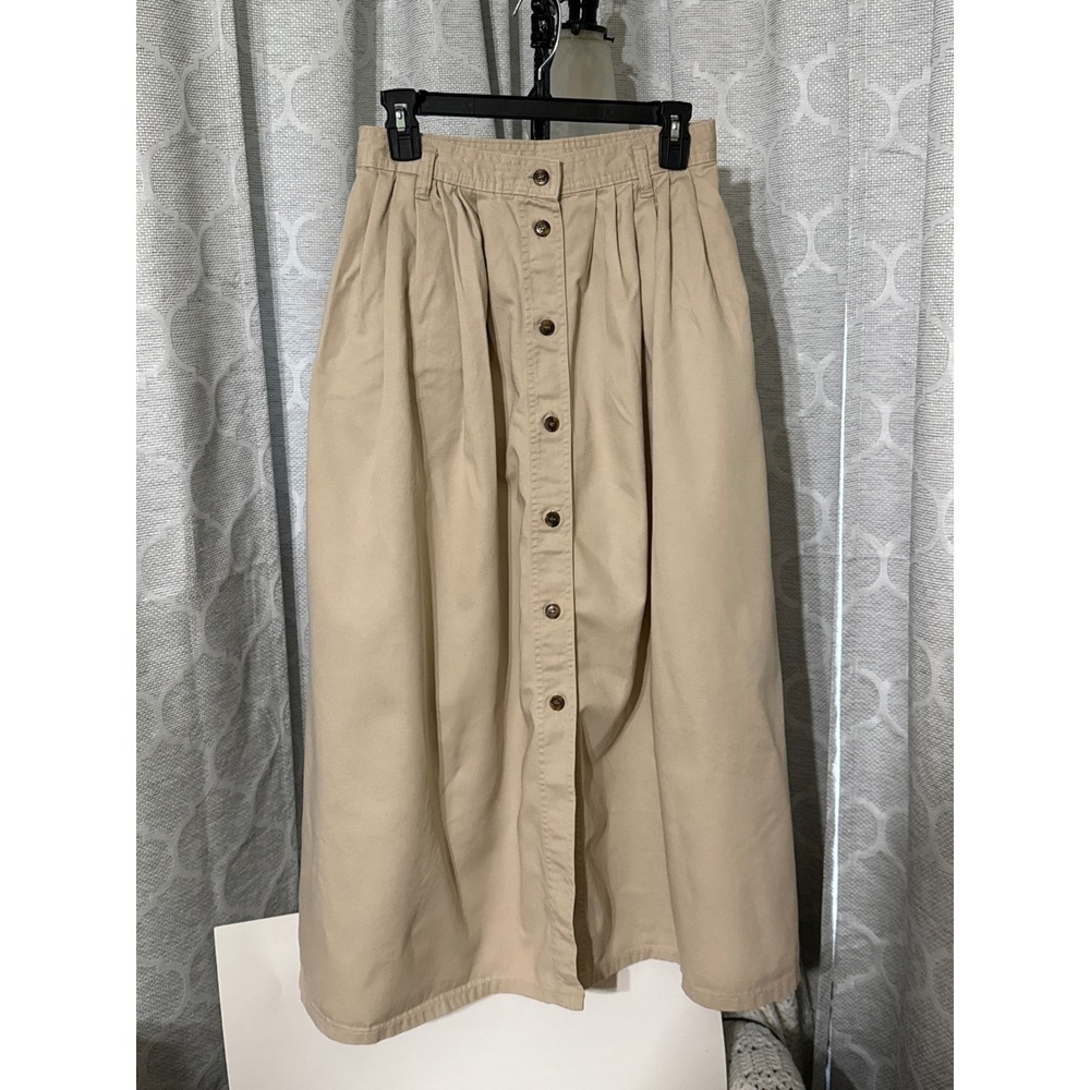 Vintage Dockers Levis Khaki Cotton Button Front Pleated Midi Skirt Tan Womens 10